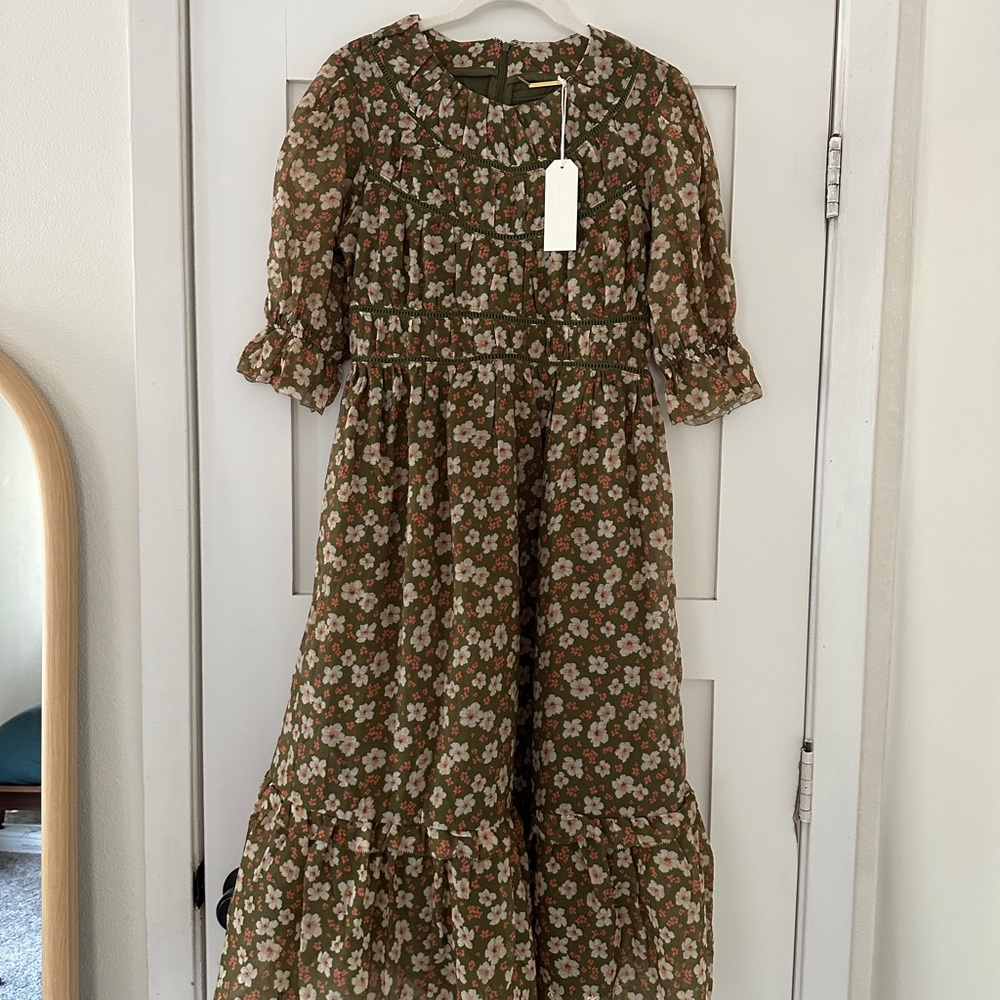 Tecovas Olive Green Floral Maxi Dress with Cream/Pink Flowers